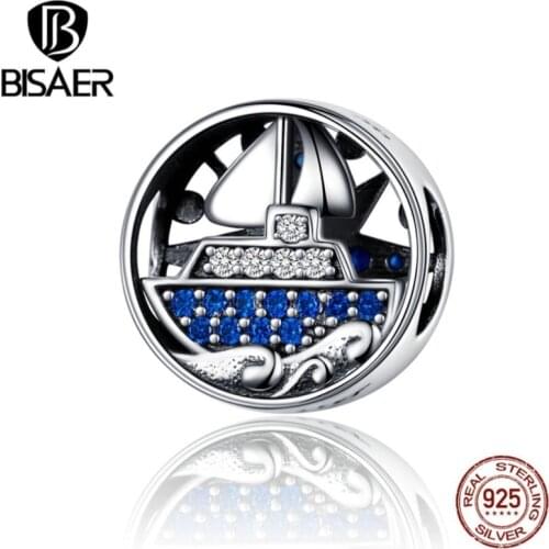 BISAER Travel Charms 925 Sterling Silver Tour Dream Beads Ship Travel Dreams Charms fit Women Bracelets berloques ECC1197
