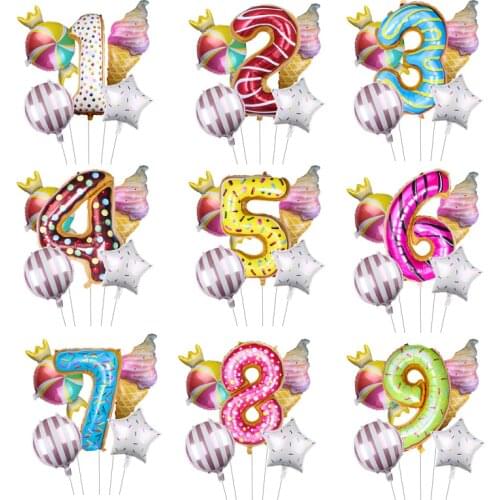 XL Number Sweet Donut Balloons Set Ice Cream Candy Foil Balloons Number No. Years Birthday Party Decorations Kids Baby Shower
