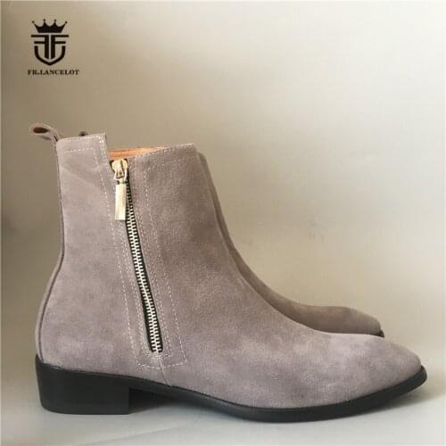 Light Gray suede leather side zipper men pionted toe wedge Boots slim fit quality men Boots real picture