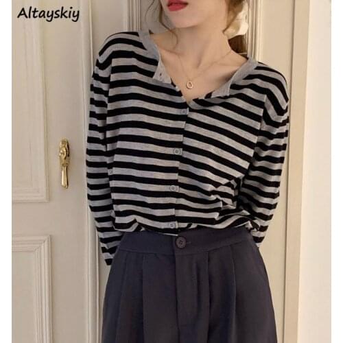 Cropped Sweaters Women Fall Trendy Basic Long Sleeve Soft Ulzzang Striped Ladies Knitwear Single Breasted Simple Woman Cardigans
