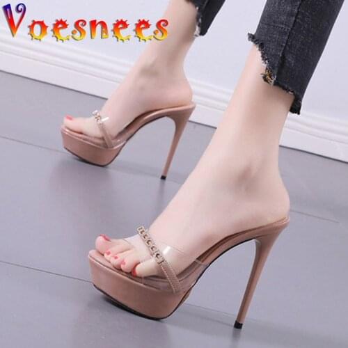 Voesnees Women Shoes Stiletto 12cm Slippers 2021 New PVC Transparent Sandal Comfortable Waterproof Platform Diamond High Heels