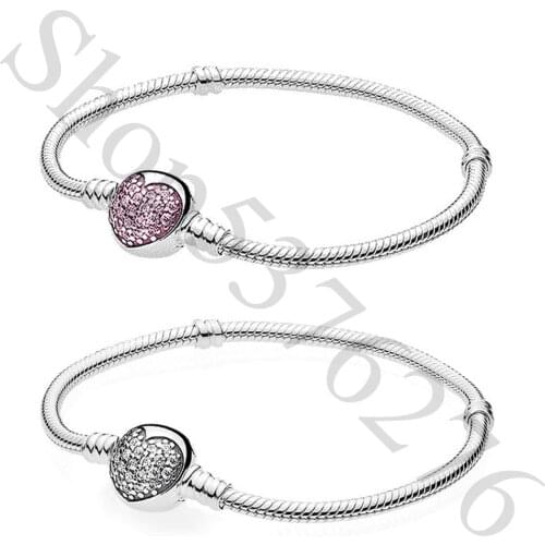 Authentic 925 Sterling Silver Moments Sparkling Heart Fashion Bracelet Fit Pandora Women Bead Charm Bangle Gift DIY Jewelry