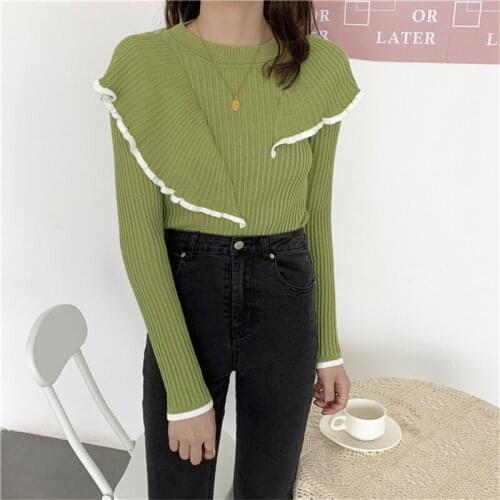 Korean Sweet Women Sweater Ruffle Stitching Slim Warmth Thickening Bottoming Shirt Round Neck Long Sleeve Lady Casual Top Autumn