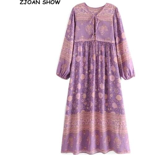 2021 Bohemia Bandage Lacing up Collar Lavender Floral Print Dress Ethnic Woman Hit Color Long Sleeve Maxi Long Holiday Dresses