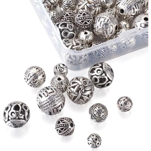 50pcs Tibetan Antique Silver Color Hollow Round Ball Beads Alloy Metal Spacer Beads For Jewelry Making DIY Bracelet 10 Styles