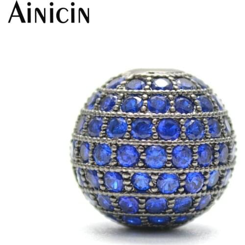 Ainicin 5pcs Navy Blue CZ Stone Setting 14mm Gun Black Plated Disco Ball Round Beads For Luxury Jewelry Making Beads