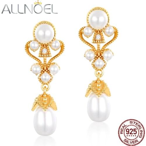 ALLNOEL 925 Sterling Silver Earrings for Women Handmade Pearls 5*6mm Real Golden Wedding Engagement Boutique Fashion Jewelry New