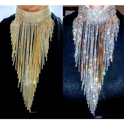 Bohemian Long Tassel Big Necklace Clear Crystal Rhinestone Chain Statement Maxi Pendants for Women Ethnic Choker Jewelry