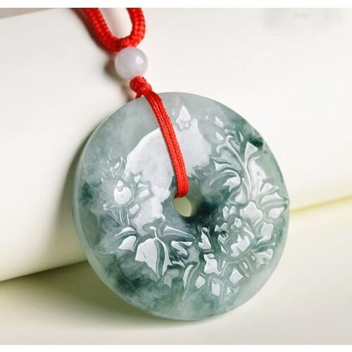 Natural Jadeite A Grade Jade Pendant Necklace Carved Carving flower donuts Pendant Gift for women Jade Jewelry Free Rope