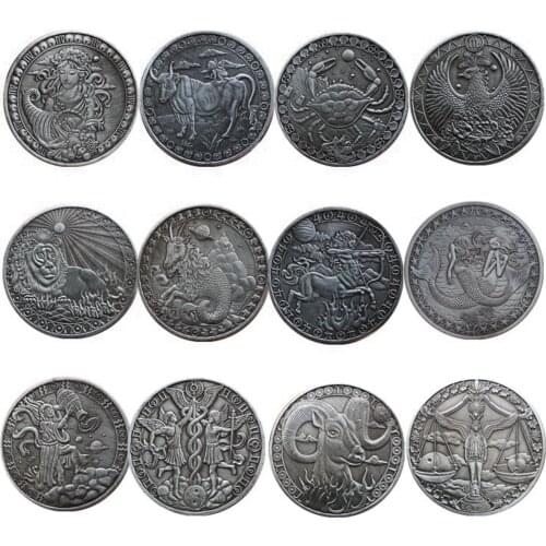 Twelve Constellation Coins Libra Aquarius Sagittarius Tarot Divination Constellation Retro Silver Plated Coin Crafts Collection