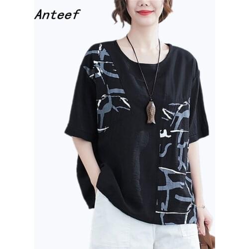 Cotton linen vintage plus size casual loose summer tee t shirt women t-shirt ladies tshirt 2021 tops streetwear clothes