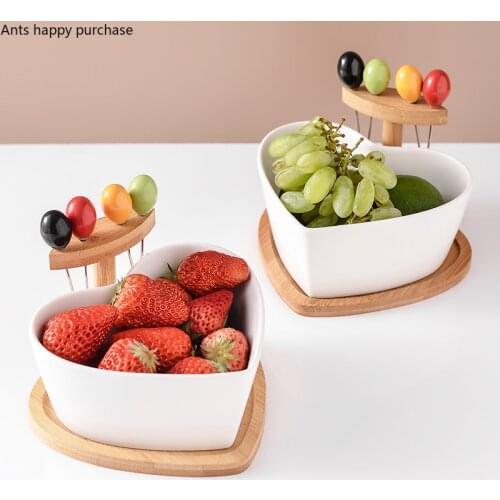 Heart Shaped Ceramic Fruit Bowl White Salad Bowl with Fork Household Living Room Nordic Afternoon Tea Candy Snack Tray Tableware