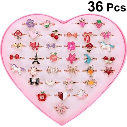 36pcs Cartoon Rings Alloy Colorful Lovely Adjustable Party Jewelry Gifts Party Favors Toys for Children Kids Girls Finger Rings