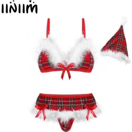 Sexy Womens Ladies Plaid Christmas Lingerie Set School Girls Sexy Costumes Cosplay Clubwear Trimming Bra Tops with G-string Hat