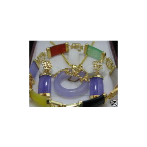 Pretty multicolor jades pendant earring bracelet set