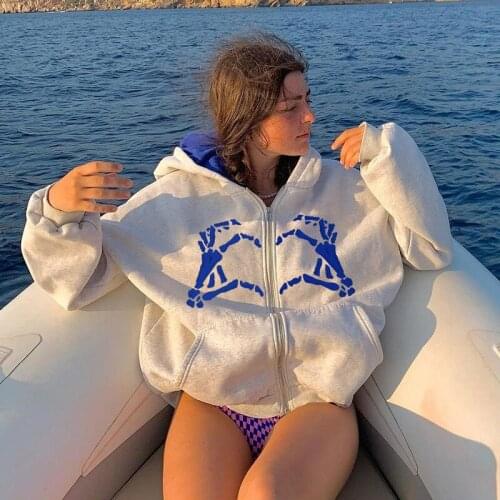 2021 Harajuku Printed Zip Up Jackets Oversized Hoodies Women Pockets E Girl Hooded Outwear Loose Casual Korean Sweatshirts