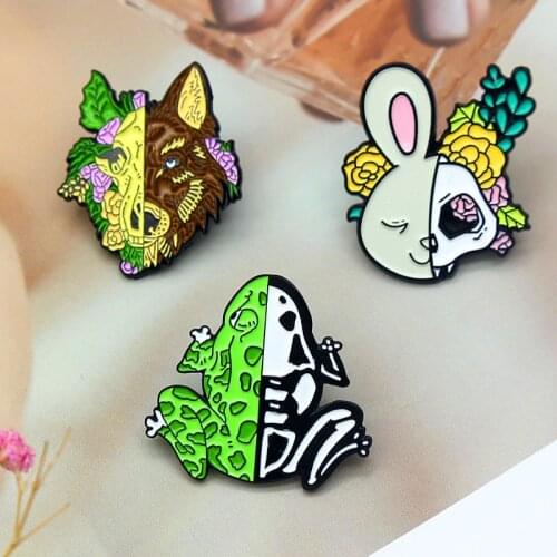 Half withered and half prosperous Cartoon animal Enamel Pin Rabbit frog Wolf Brooches Botany leaf flower skull Lapel Pin Badge