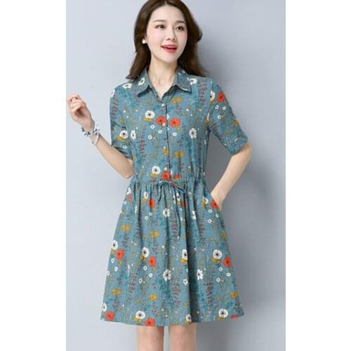 2020 New Vintage Large Size Womens Summer Dress Literary Short-sleeved Cotton Linen Floral Slim Shirt Dress Female X661