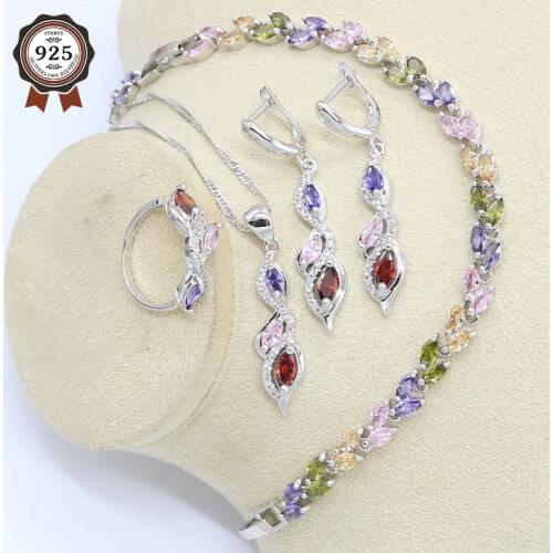 Multicolor Rainbow Zircon Silver Color Jewelry Set for Women with Bracelet Earrings Necklace Pendant Ring Gift Box