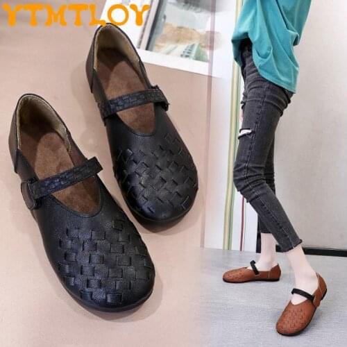 2021 Spring And Autumn New Ethnic Style Retro Leather Hand-woven Shoes Womens Shallow Mouth Soft Sole Cowhide Womens Shoes Mot
