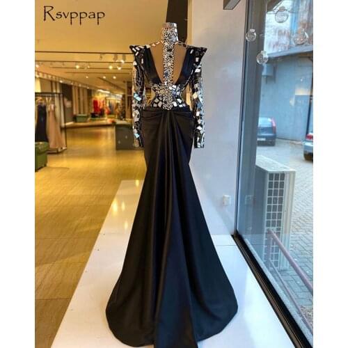 Slim Mermaid Black African Long Evening Dresses 2021 High Neck With Long Sleeves Sparkly Crystals Satin Arabic Style Women Dress