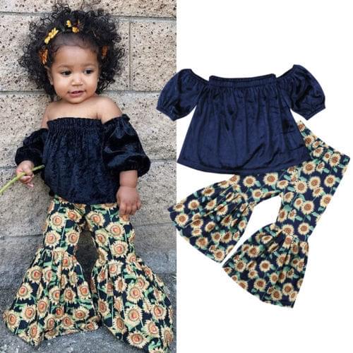 Baby Girl Clothing 2Pcs Set Off shoulder Tank Tops +Sunflower Bell Bottom Trouser Outfits Children Summer Clothes