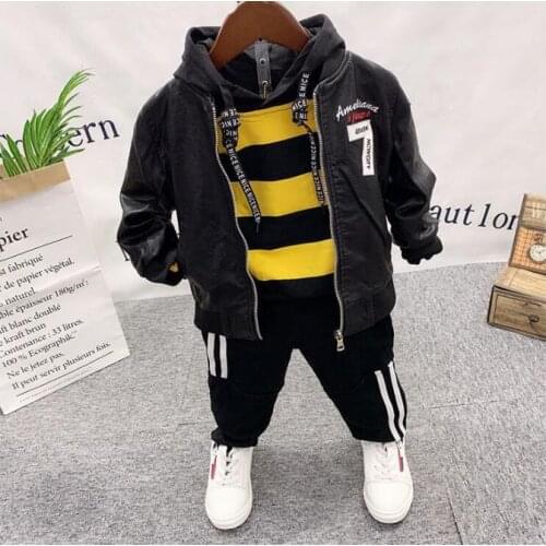 Spring Autumn Baby Boy Clothing Boys Faux leather coat + shirts + jeans 3pcs Set Boys 2-6Years Clothes Sets Toddler Casual sets