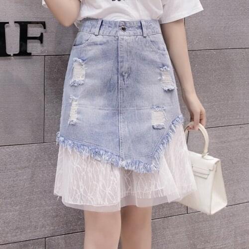 Ripped Lace Stitch Denim Plus Size Oversized Korean Fashion High-Waisted Vintage Summer WomenS Clothing Skirt Female 2021