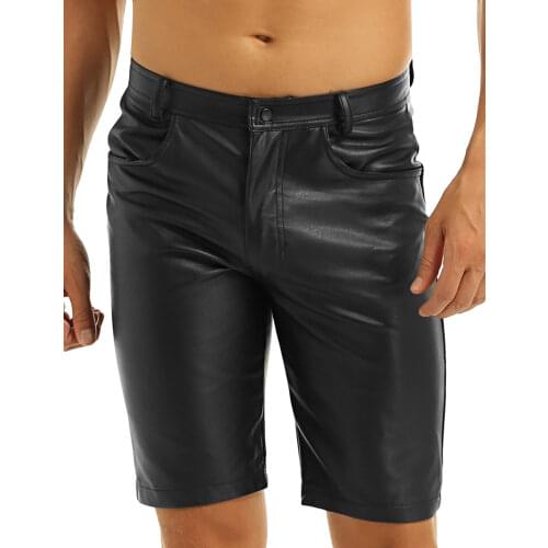 Black Leather Knee Length Short Pants Mens Nightclub Summer PU Leather Shorts Stage Performance Hip Hop Men Clothing Shorts