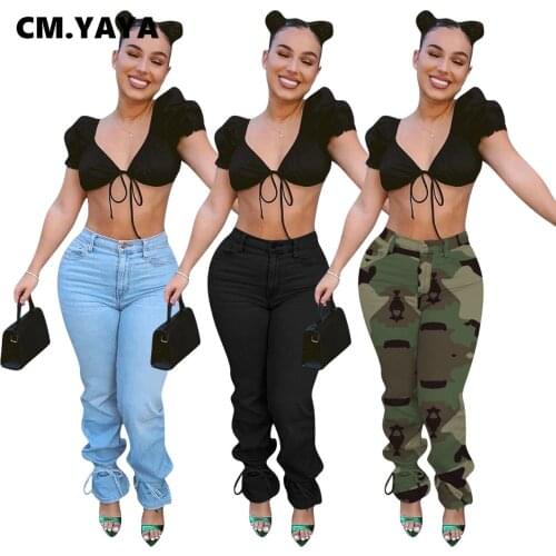 CM.YAYA Camouflage Denim Pants Women Retro Tie Knot Pencil Jeans Trousers Streetwear Classic Lady Pants