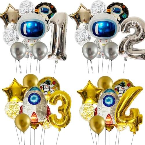 8Pcs Outer Space Number Balloon Rocket Astronaut Foil Balloons Galaxy Theme Party Boy Kids Birthday Party Decor Helium Globos