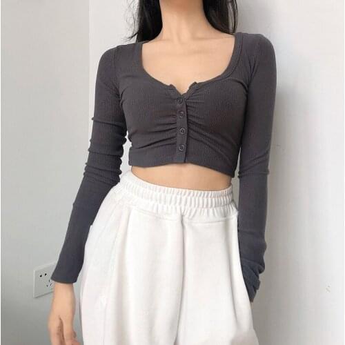 WOMENGAGA Women V Neck Button Front Long Sleeve Crop Top With Ruched Detail summer t shirt hot sexy korean Girl female H18G