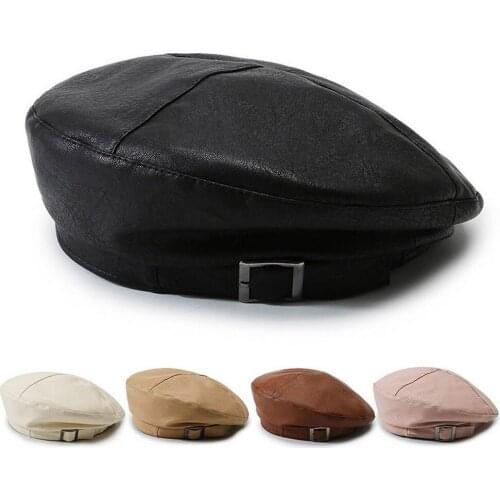 Women Berets Winter Hats for Female PU Material Metal Buckle Decoration Retro Painter Style Outdoor Fashion