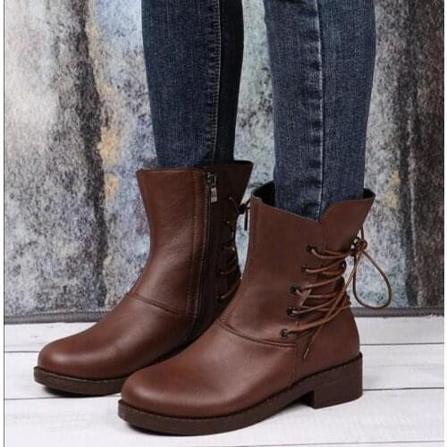2021 New Spring And Autumn Comfortable Low-heel Round-toe Side Zipper Back Lace Mid-tube Single-line Womens Boots