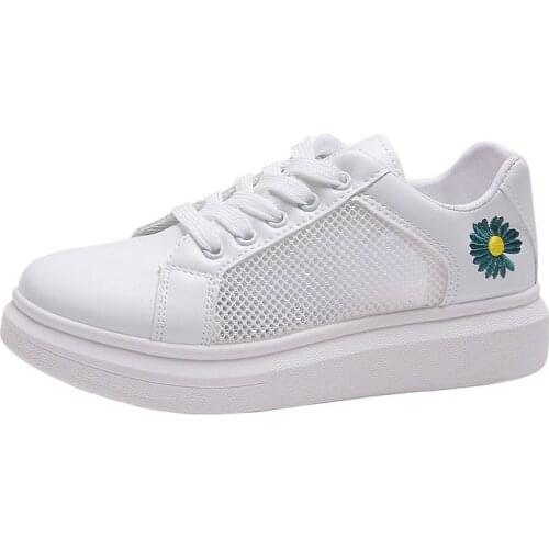 2021 Autumn Fashion Breathable Womens Shoes Sneakers PU Mesh Comfortable Platform Shoes Womens White Shoes Flower Casual Shoes