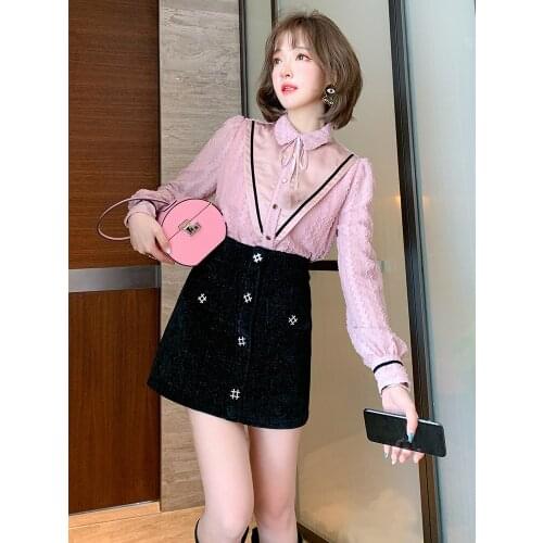 Fashion with splicing flocking jacquard shirt button + drill suiting the a-line skirt suits the new female 2020 winter