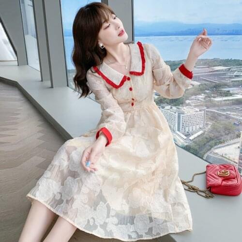 Elegant Red Ruffles Peter Pan Collar Women Party Dress 2021 Vintage French Autumn Slim Waist A-line Long Dress Vestidos Femme