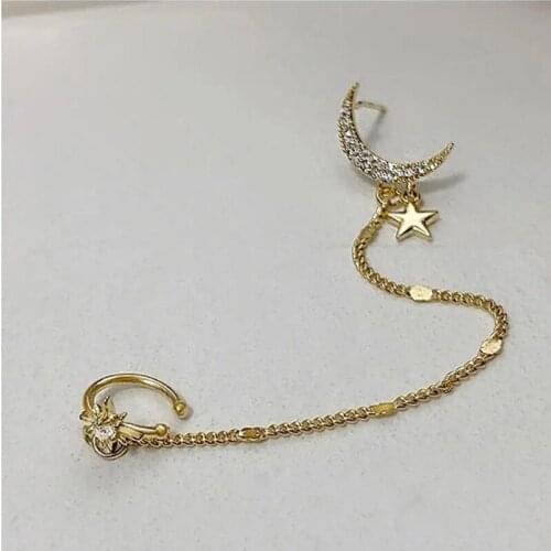 1 Pcs Gold Color Long Chain Earrings For Women Girls Zircon Ear Cuff Ear Line Fashion Jewelry Gift Moon Star Rhinestone Stud