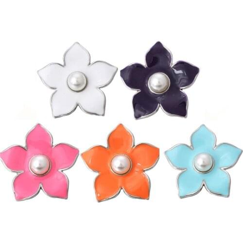 10pcs/lot New Snap Jewelry 18mm Snap Buttons Pearl Flower Metal Snap Buttons Jewelry Fit Leather Silver color Snap Bracelet
