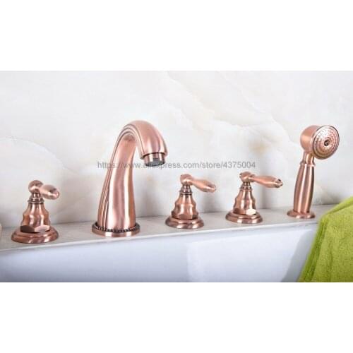 Antique Red Copper Bathroom Roman Tub Faucet Widespread 5pcs Tub Mixer Tap Deck Mounted with Hand Shower Ntf185