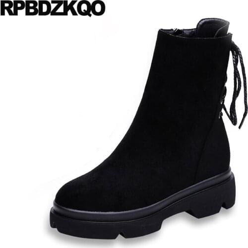 Round Toe Women Ankle Boots Medium Heel Chunky Trend Platform Shoes Suede Brown Black Genuine Leather Winter Fur High Quality