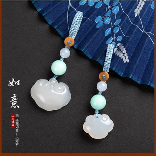 Hand Craft Natural Stone Chalcedony Keychains Handbag Purse Holder Lucky Lock Healing Lotus Key Chains