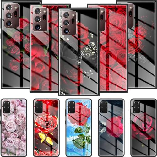 Phone Case For Samsung Galaxy S20 FE S21 S10 S9 S8 Note 20 Ultra 10 Plus 9 Tempered Glass Cover Capa Bright Red Rose Flowers