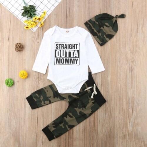 Children Kids New Fashion Sets Newborn Baby Boy Camo Long Sleeve Tops Romper Pants Hat Outfits Set Clothes