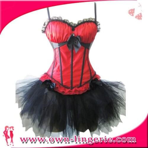 Exotic Sex Women Corset Lingerie Bustiers Lace Satin Gothic Corset with Skirt Free Shipping Ruffled Cup Bustier Tutu Skirt w7016