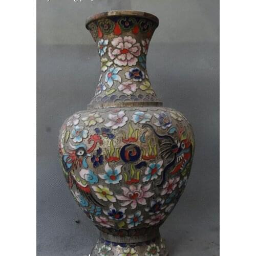 24CM Cloisonne Enamel Bronze Dragon Loong Phoenix Fenghuang Bird Vase Bottle Pot
