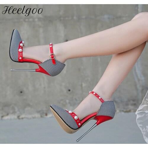 Heelgoo 16cm Extremely High Metal Heel Women Houndstooth Fabric D'Orsay Stiletto Pumps Pearls Decor Elegant Ladies Pointy Shoes
