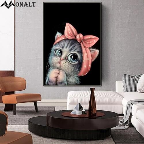 Lovely Cat in pink bandana Picture Canvas Painting Nordic wall art cute Animal anime Poster and Prints Children Room Decoration