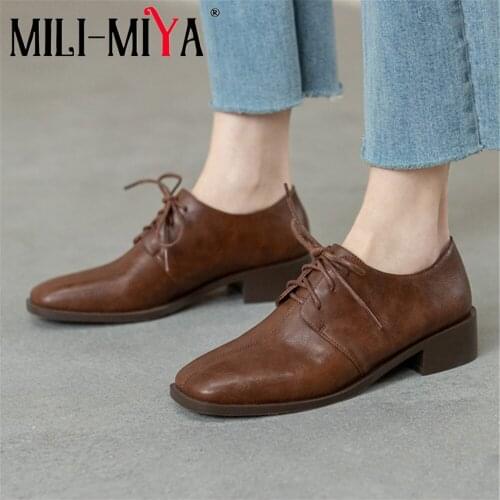 MILI-MIYA Fashion Square Toe Lace Up Women Cow Leather Pumps Low Thick Heels Solid Color Office Career Shoes Size 34-40