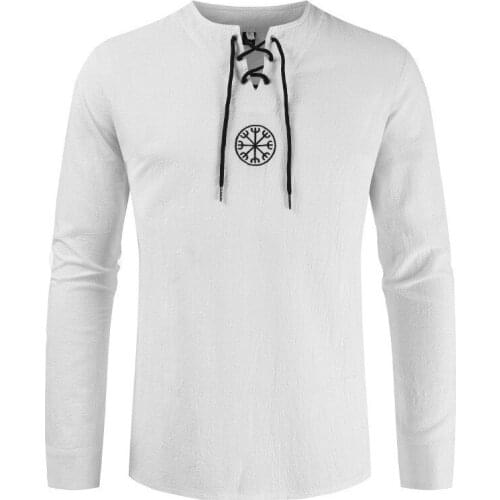 Renaissance Mens Nordic Retro T-shirt Tee Lace-Up Mens Adult Embroidery Tunic Shirt Medieval Viking Pirate Tops Shirt Costume